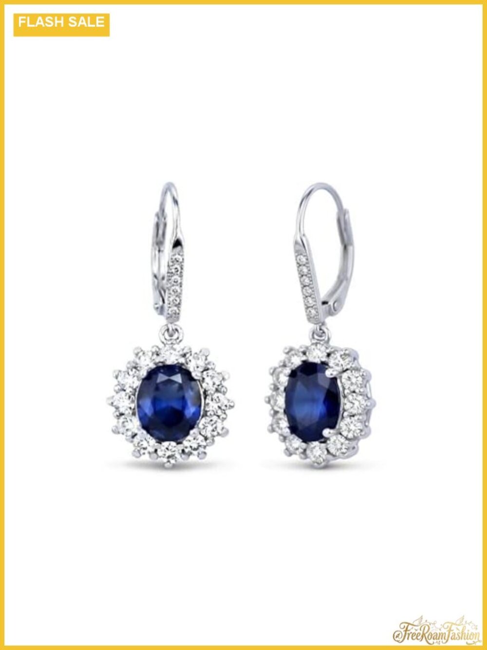 Sapphire Halo Leverback Drop Earrings in 18k White Gold Plated Sterling Silver